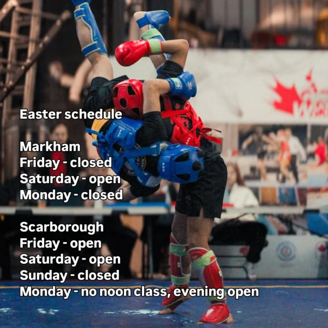 Easter schedule 2026:
.
Markham
Friday - closed
Saturday - open
Monday - closed
.
Scarborough
Friday - open
Saturday - open
Sunday - closed
Monday - no noon class, evening open